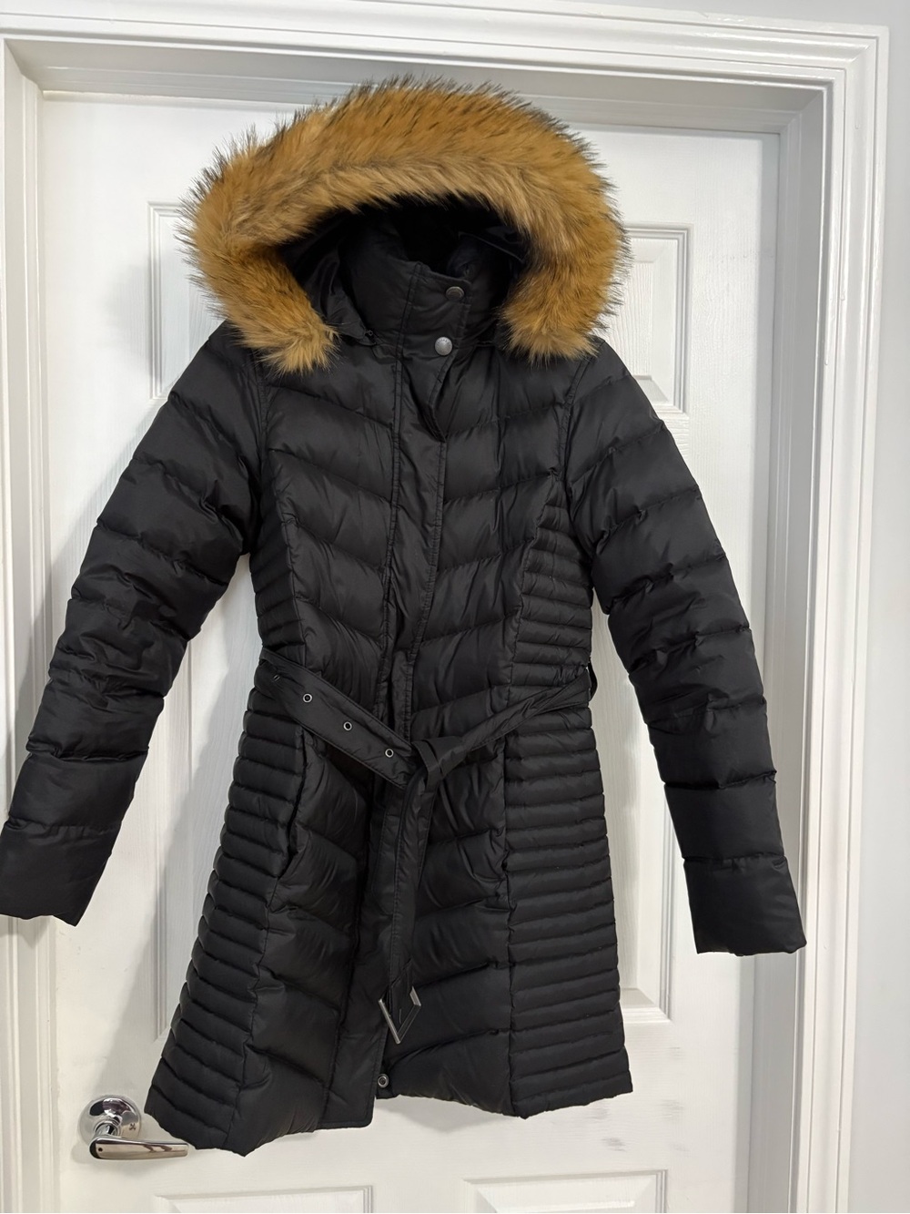 Brooks Brothers Black Long Puffer Coat with Faux Fur Trim Hood